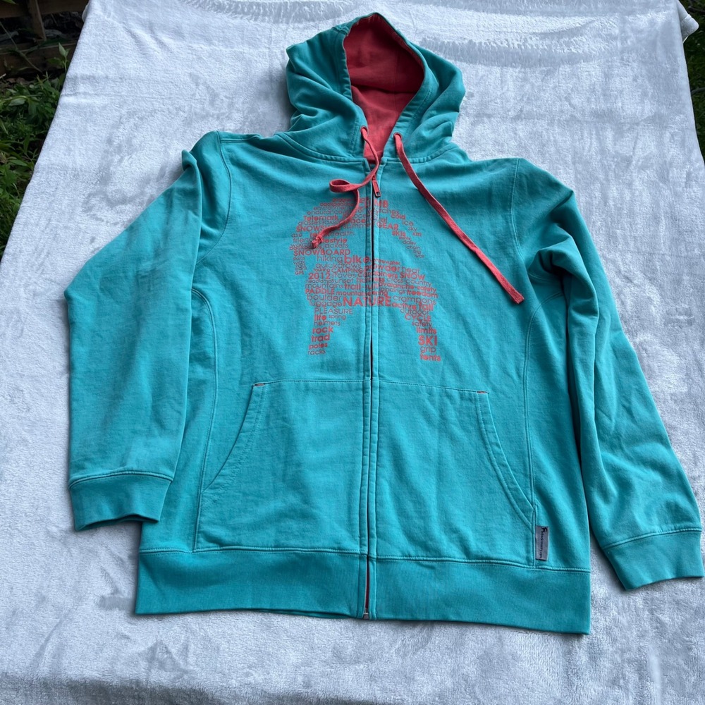 Backcountry Womens XL Full Zip Hoodie Teal Pink Word Cloud Logo Graphic Fleece